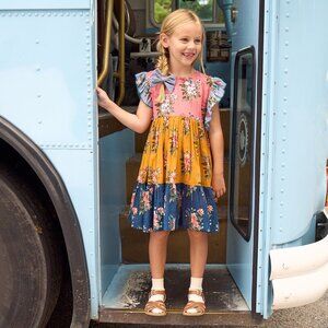 Pink Chicken Kit Dress Girls Size 6 Boho Patchwork Floral Casual Ruffle Spring